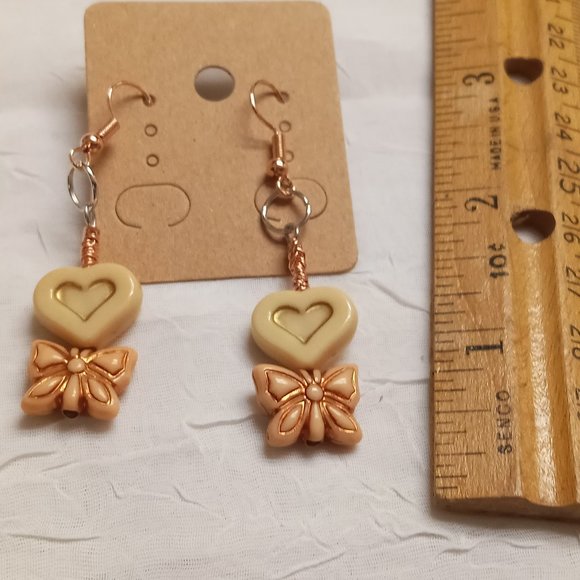 Steel Handmade Hand Crafted Heart & Bow Dangle Earrings Jewelry #54 - Picture 12 of 14